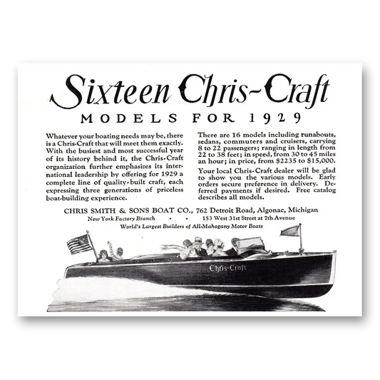 1929 Chris Craft Sixteen Chris Craft Models for 1929 Vintage Magazine Print Ad