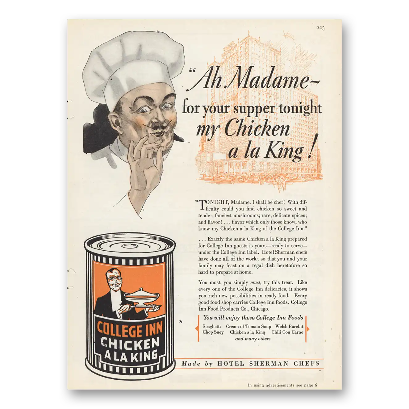 1929 College Inn Chicken a La King Hotel Sherman Chefs Vintage Magazine Print Ad