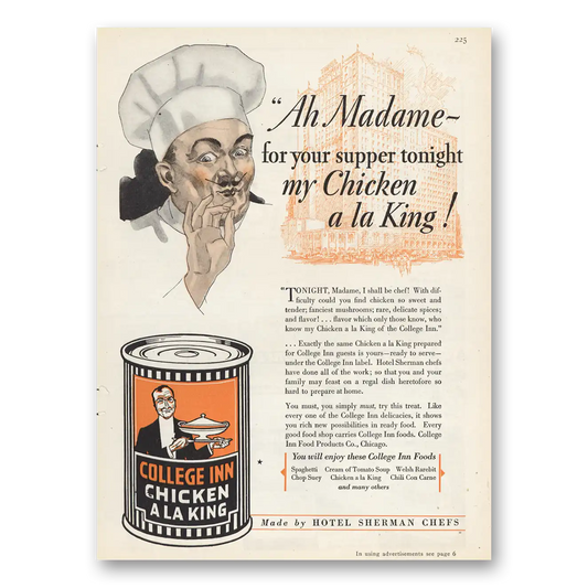 1929 College Inn Chicken a La King Hotel Sherman Chefs Vintage Magazine Print Ad