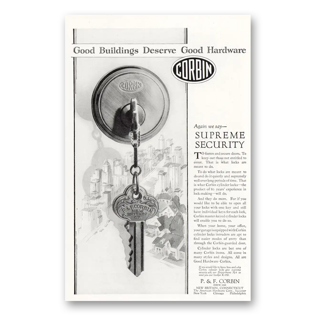 1929 P & F Corbin Supreme Security Vintage Magazine Print Ad