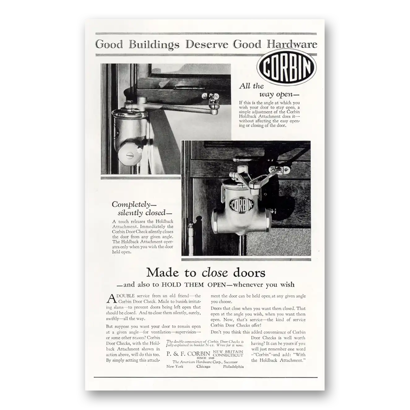 1929 P & F Corbin Good Buildings Deserve Good Hardware Vintage Magazine Print Ad