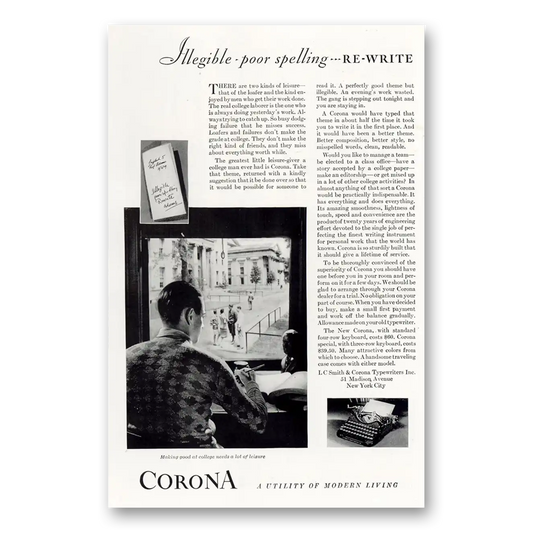 1929 Corona Typewriter Illegible Poor Spelling Rewrite Vintage Magazine Print Ad