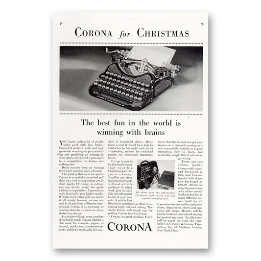 1929 Corona Typewriter Best Fun In the World Is Winning With Brains Vintage Magazine Print Ad