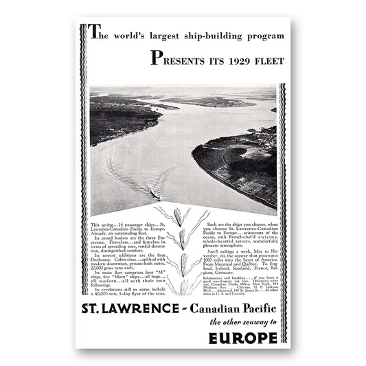 1929 Canadian Pacific St Lawrence Presents Its 1929 Fleet Vintage Magazine Print Ad