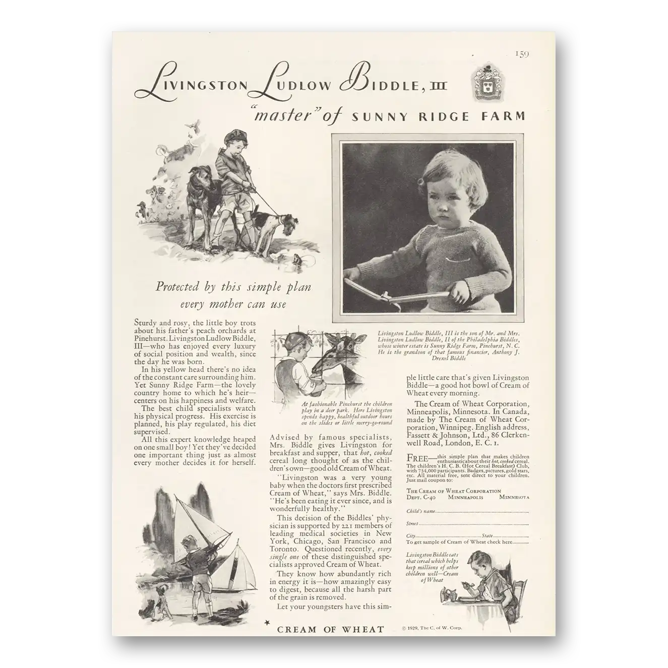 1929 Cream of Wheat Livingston Ludlow Biddle III Vintage Magazine Print Ad