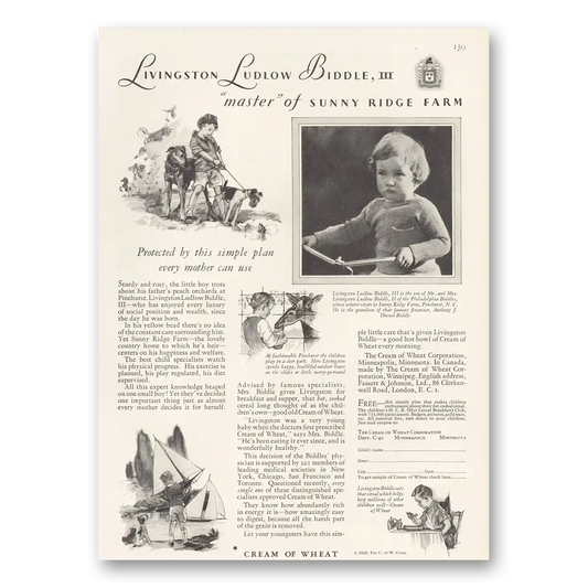 1929 Cream of Wheat Livingston Ludlow Biddle III Vintage Magazine Print Ad