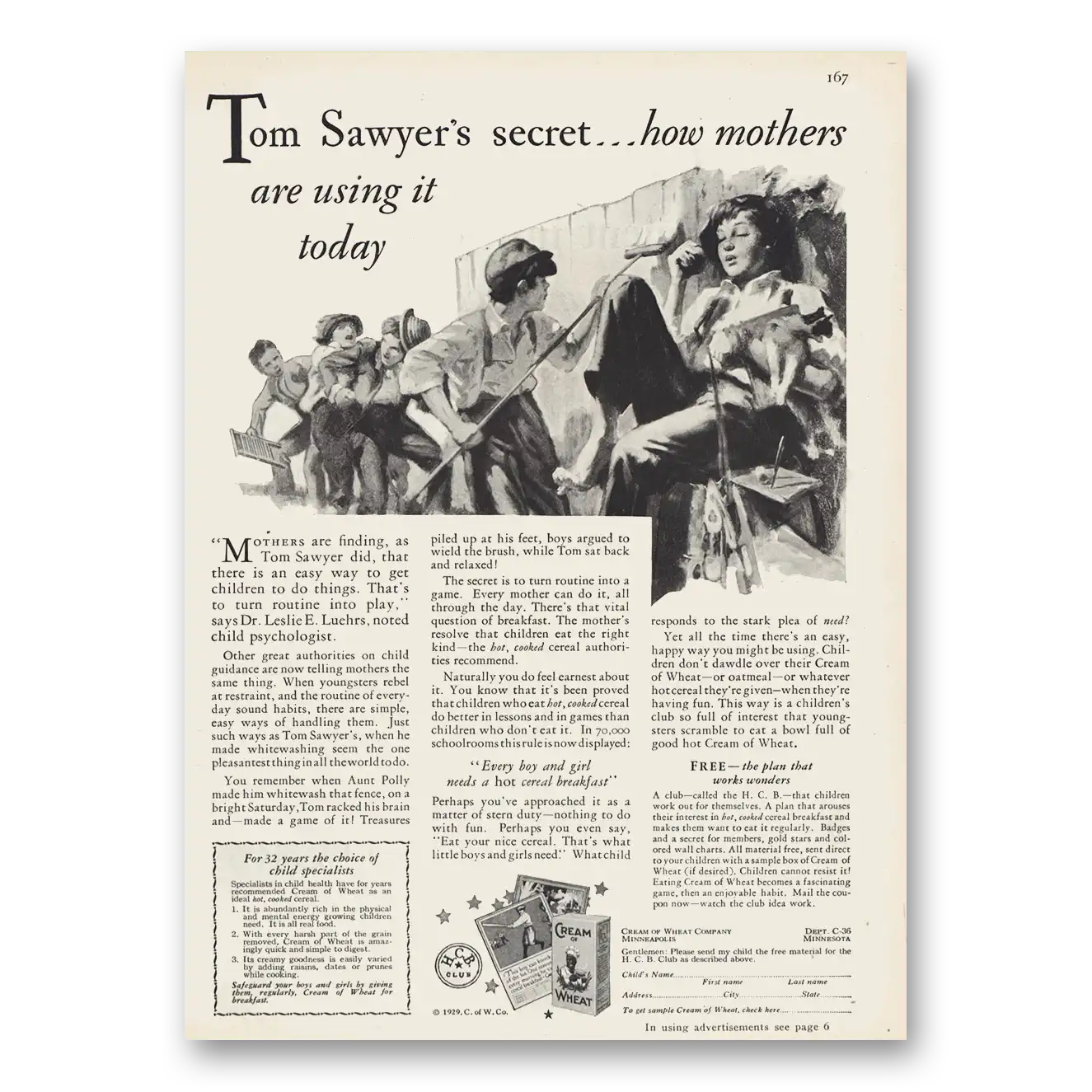 1929 Cream of Wheat Tom Sawyers Secret Vintage Magazine Print Ad