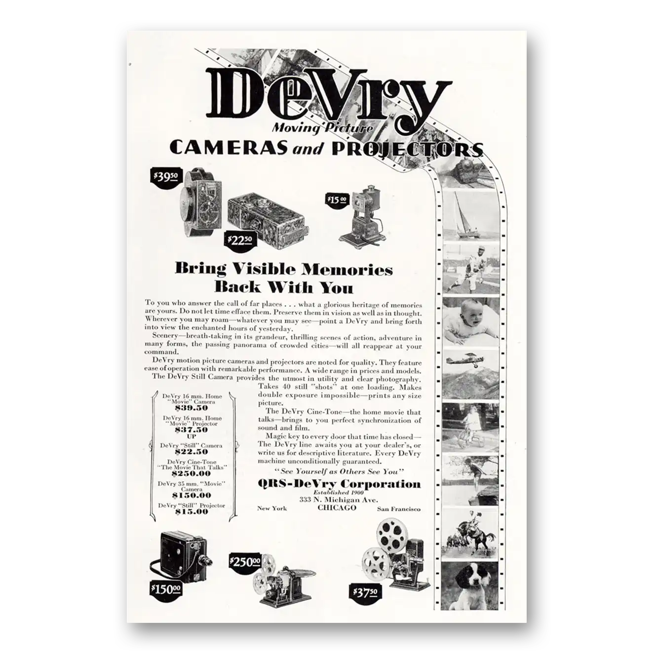 1929 DeVry Camera Bring Visible Memories Back Vintage Magazine Print Ad