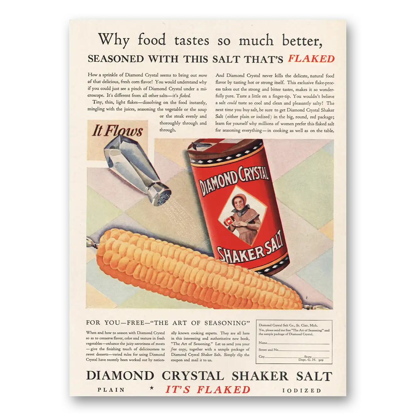 1929 Diamond Crystal Salt Seasoned With Salt That’s Flaked Vintage Magazine Print Ad