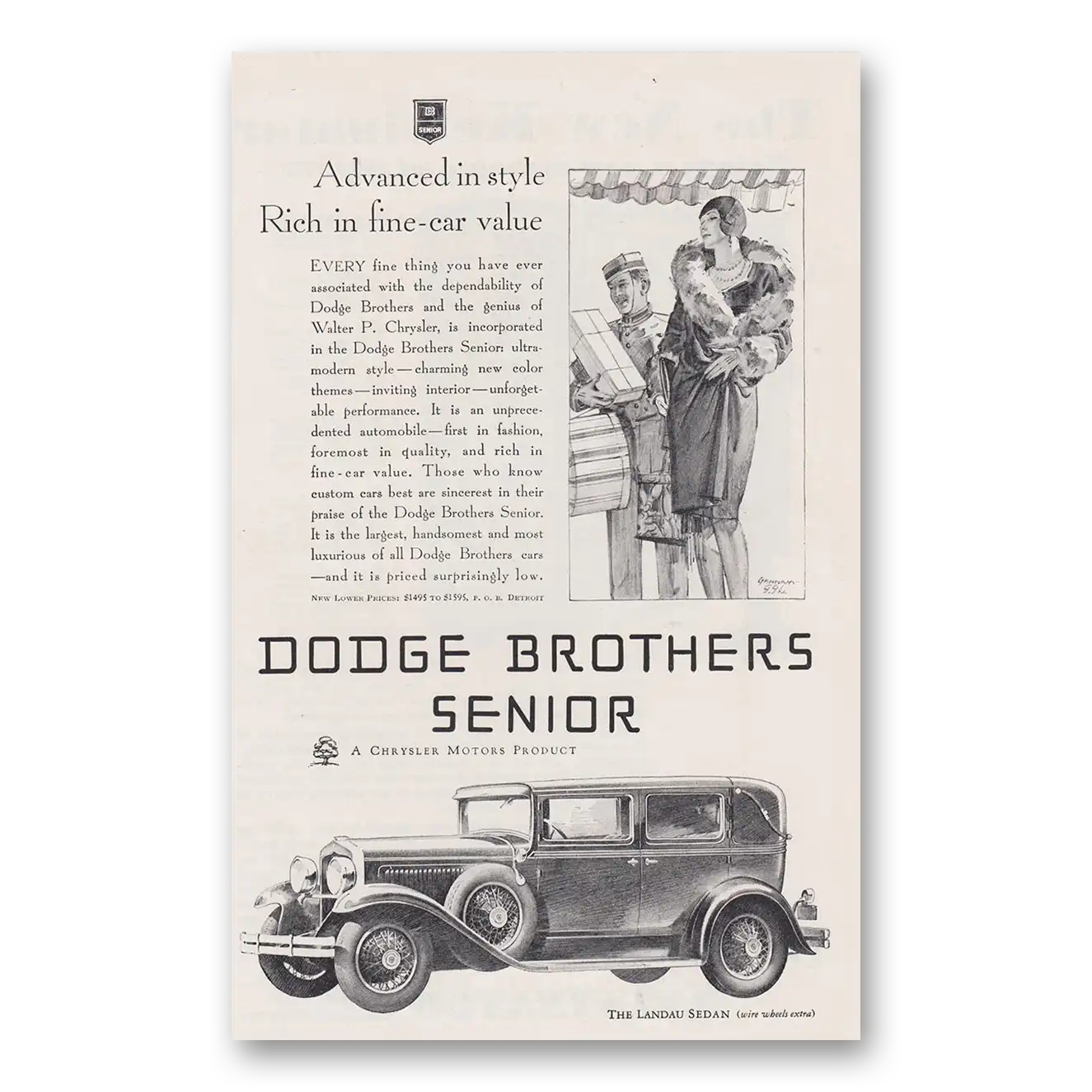 1929 Dodge Senior Advanced in Style Vintage Magazine Print Ad