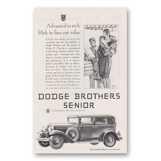 1929 Dodge Senior Advanced in Style Vintage Magazine Print Ad