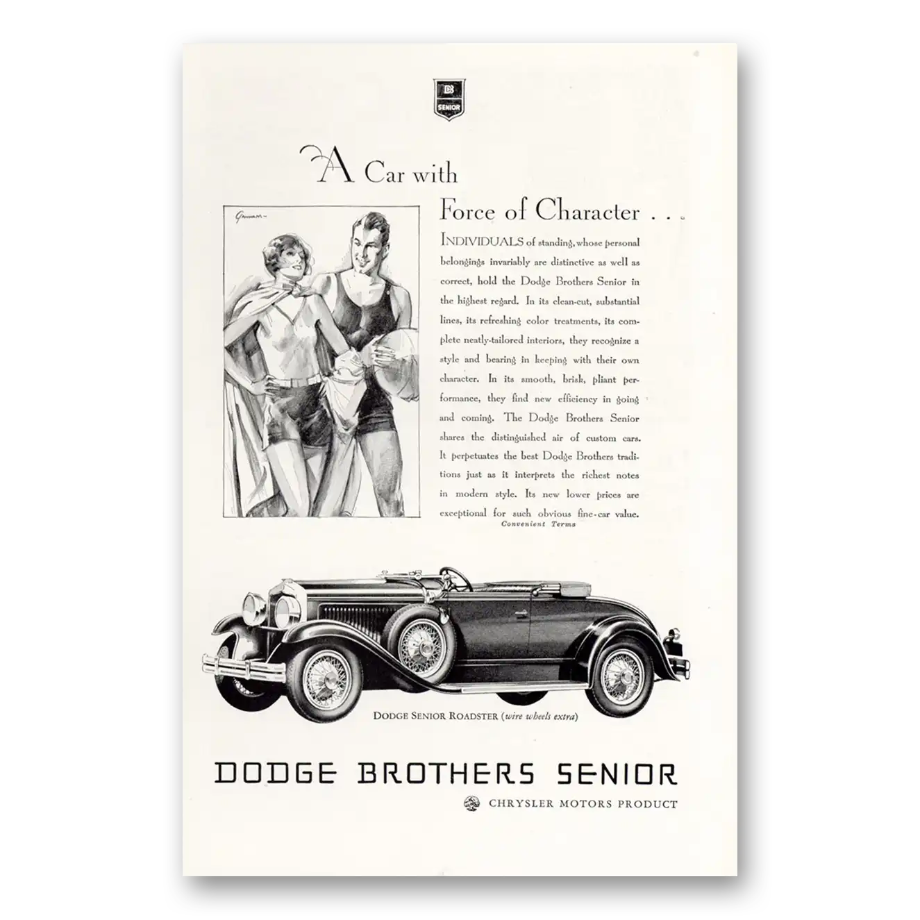 1929 Dodge Senior Car With Force of Character Vintage Magazine Print Ad