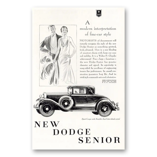 1929 Dodge Senior Modern Interpretation of Fine Car Style Vintage Magazine Print Ad