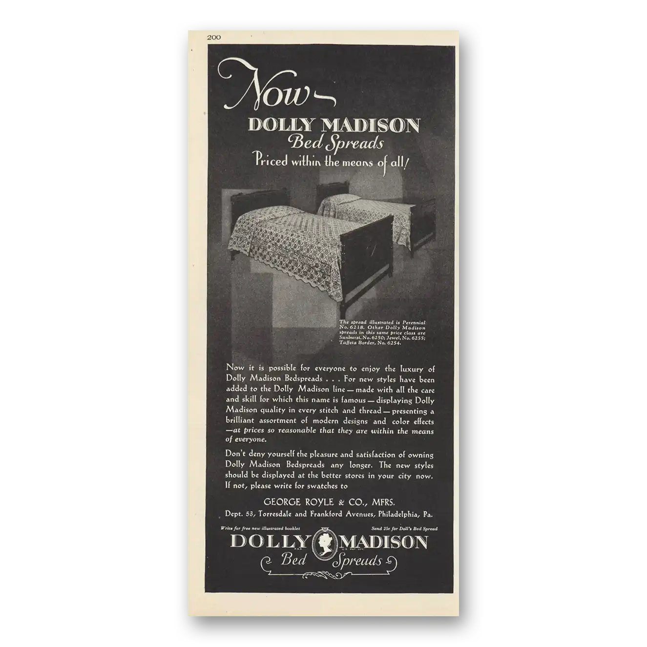 1929 Dolly Madison Bed Spreads Priced Within Means of All Vintage Magazine Print Ad