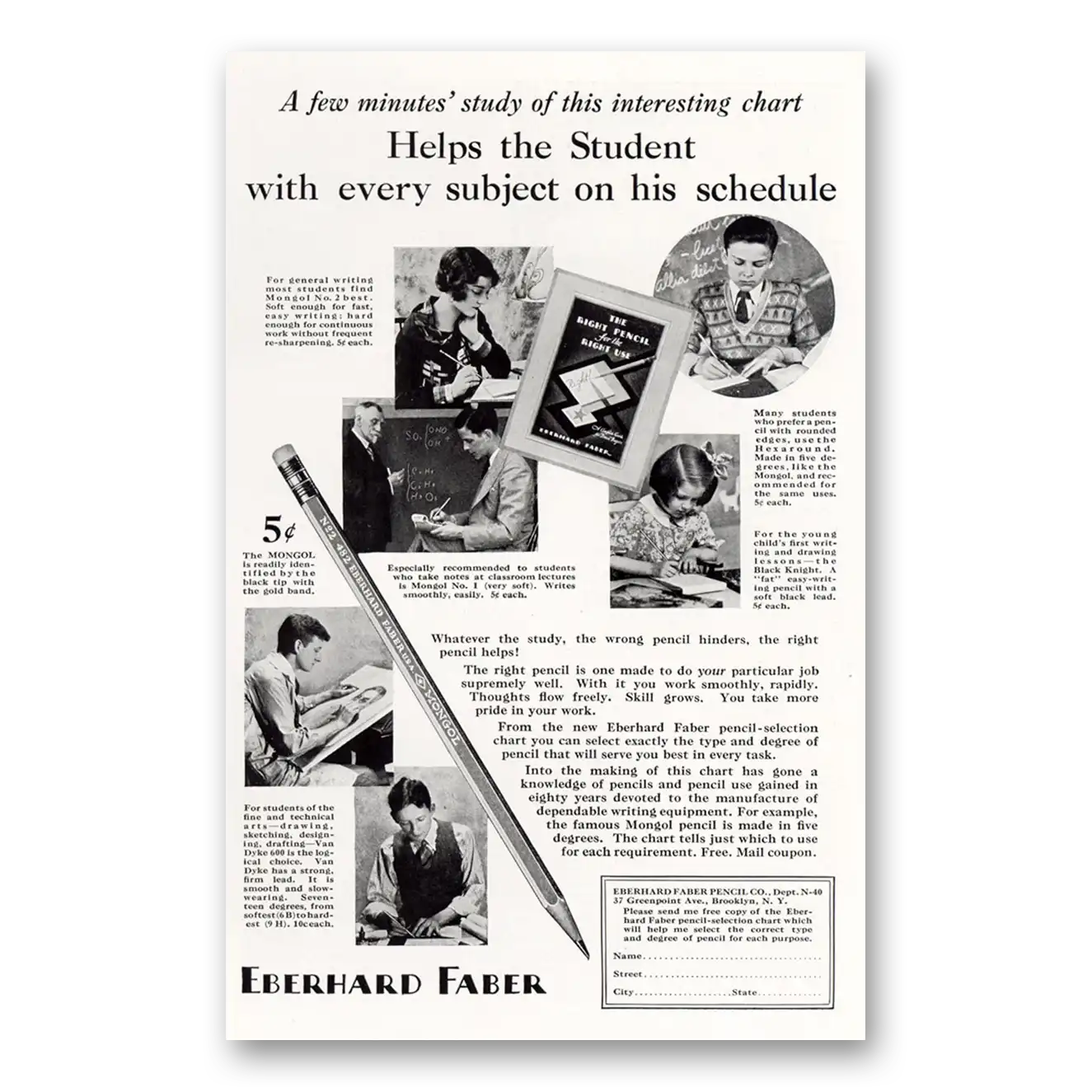 1929 Eberhard Faber Pencil Helps Student With Every Subject Vintage Magazine Print Ad