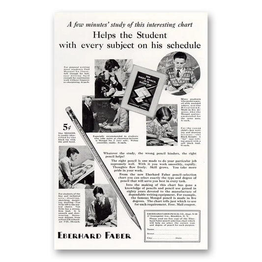 1929 Eberhard Faber Pencil Helps Student With Every Subject Vintage Magazine Print Ad