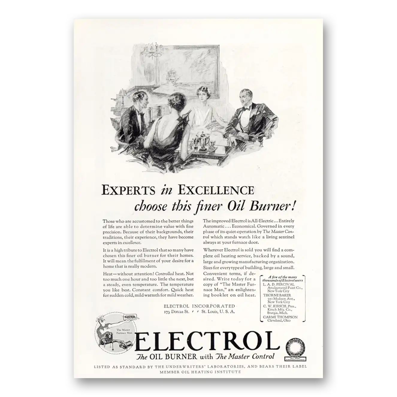 1929 Electrol Oil Burner Experts In Excellence Vintage Magazine Print Ad