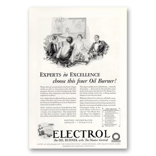 1929 Electrol Oil Burner Experts In Excellence Vintage Magazine Print Ad