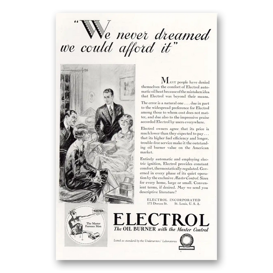 1929 Electrol Oil Burner We Never Dreamed We Could Afford It Vintage Magazine Print Ad