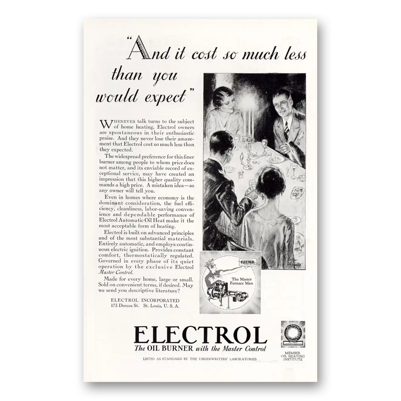 1929 Electrol Oil Burner Cost So Much Less Than You Would Expect Vintage Magazine Print Ad