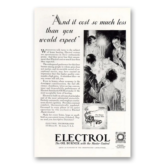 1929 Electrol Oil Burner Cost So Much Less Than You Would Expect Vintage Magazine Print Ad