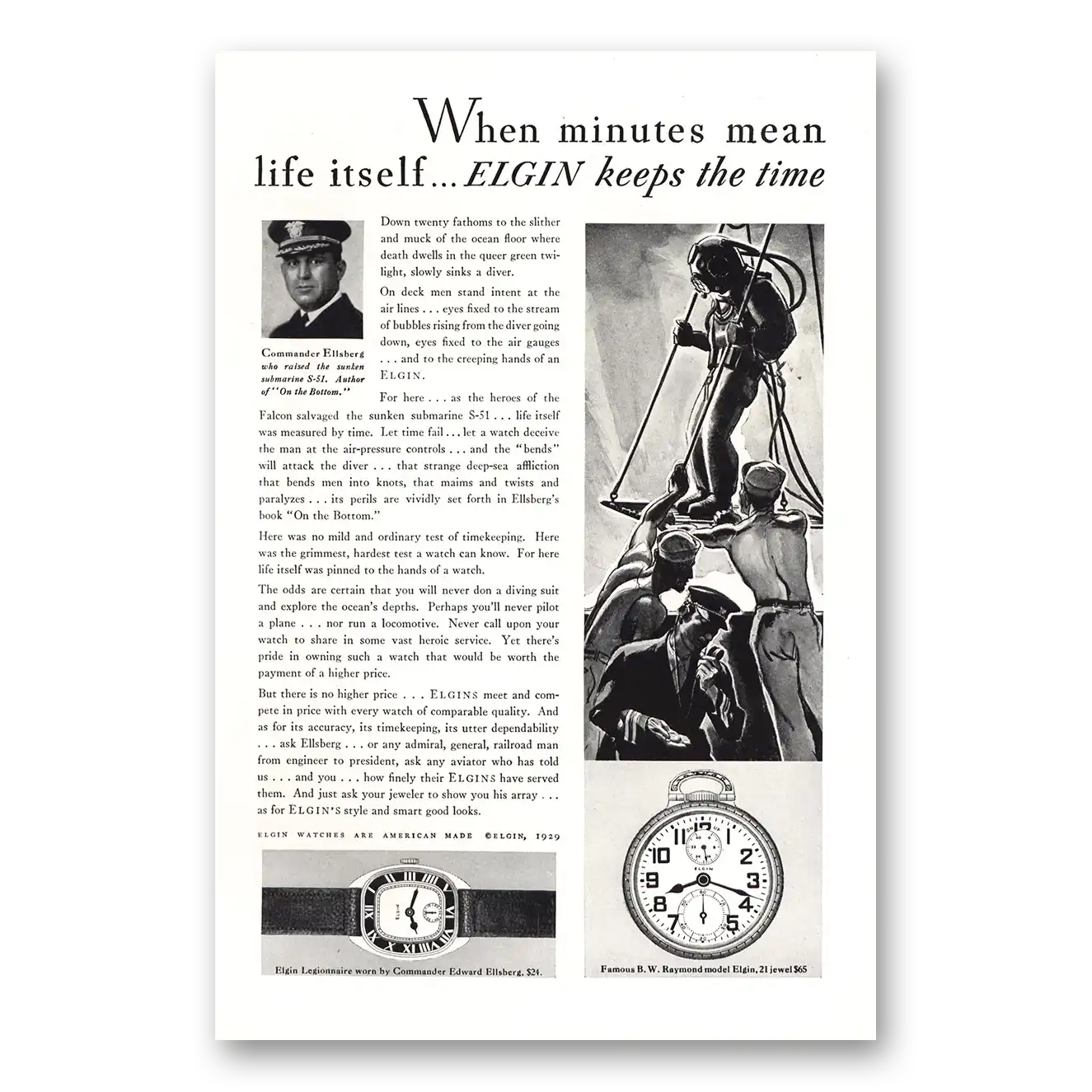 1929 Elgin Watch When Minutes Mean Life Itself Vintage Magazine Print Ad