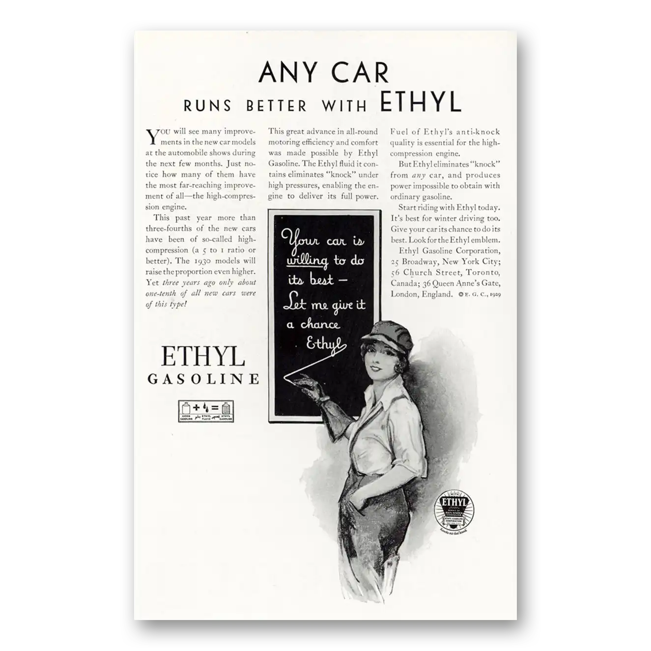 1929 Ethyl Gasoline Any Car Runs Better Vintage Magazine Print Ad