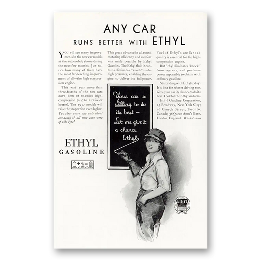 1929 Ethyl Gasoline Any Car Runs Better Vintage Magazine Print Ad