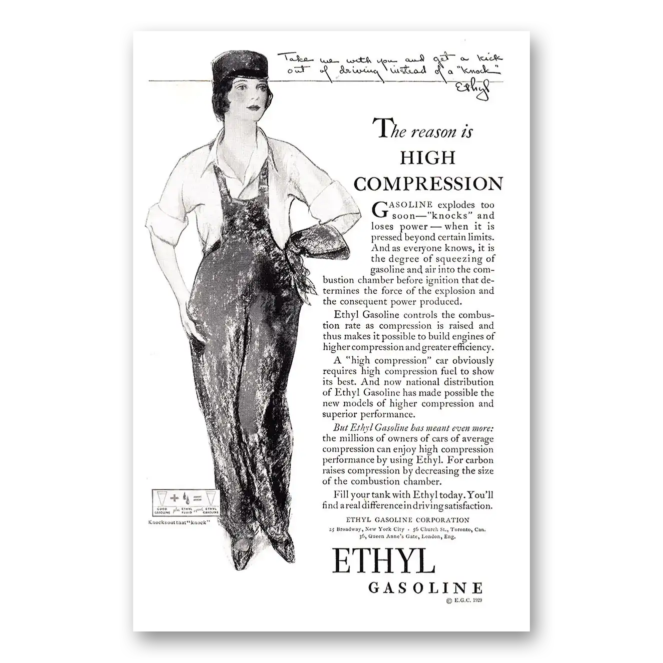 1929 Ethyl Gasoline Reason Is High Compression Vintage Magazine Print Ad