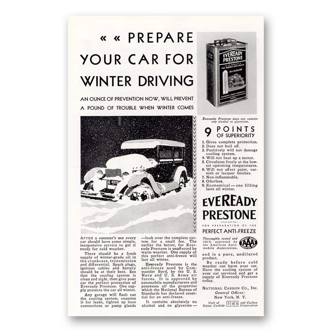 1929 Eveready Prestone Prepare Your Car For Winter Driving Vintage Magazine Print Ad