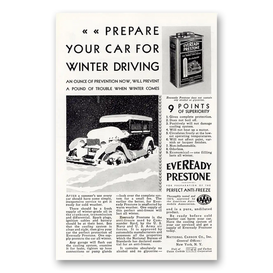 1929 Eveready Prestone Prepare Your Car For Winter Driving Vintage Magazine Print Ad