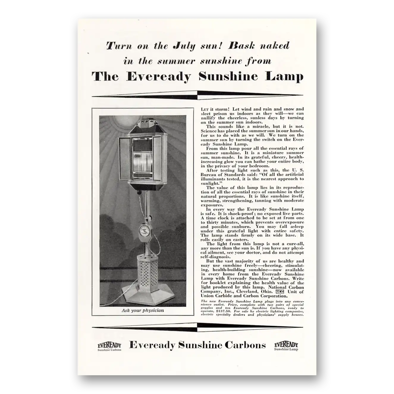 1929 Eveready Sunshine Lamp Turn On the July Sun Vintage Magazine Print Ad