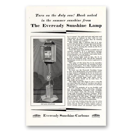 1929 Eveready Sunshine Lamp Turn On the July Sun Vintage Magazine Print Ad