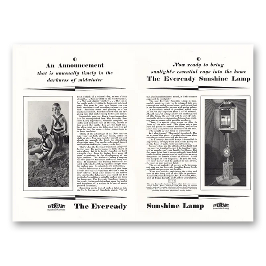 1928 Eveready Sunshine Lamp Bring Sunlights Essential Rays Vintage Magazine Print Ad