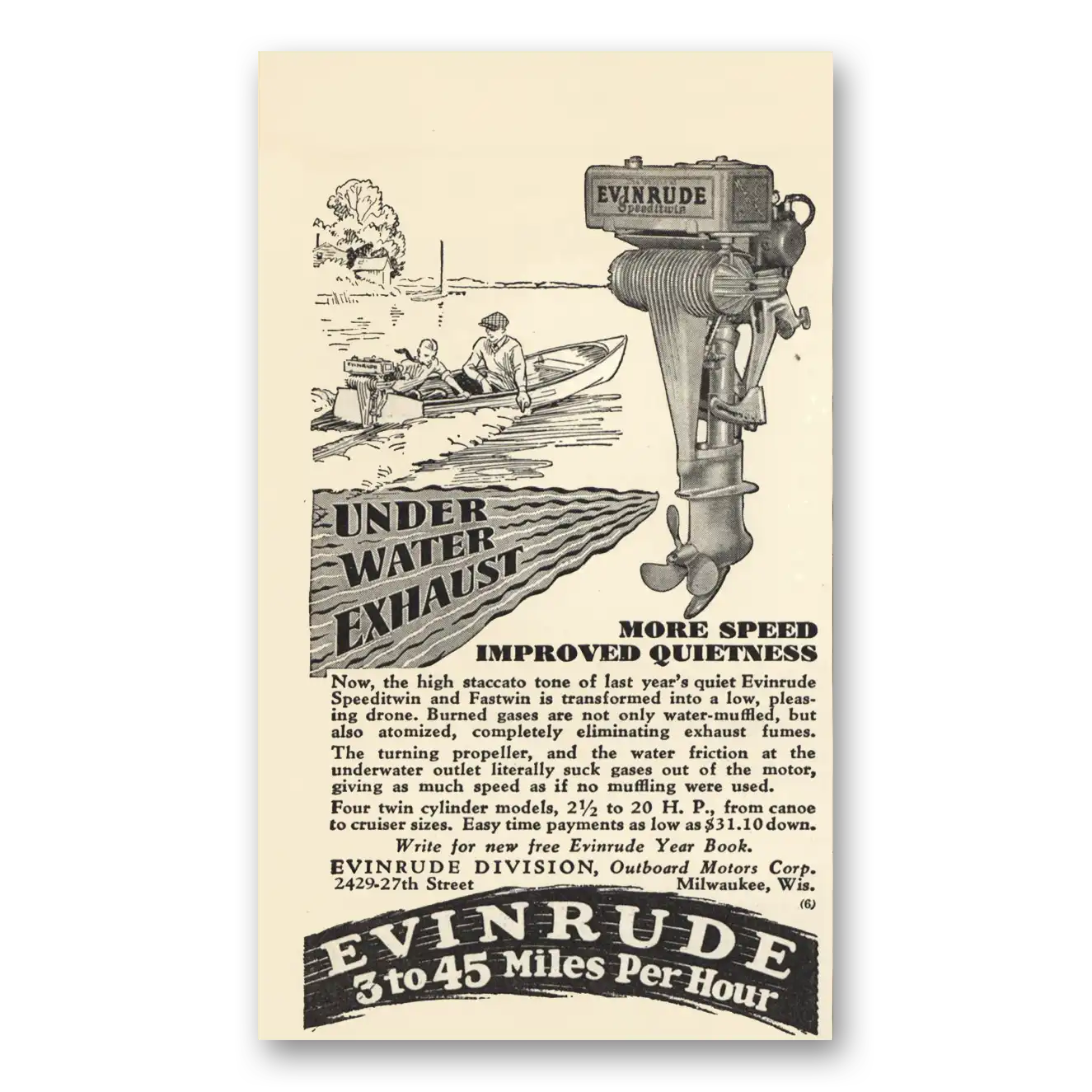 1929 Evinrude Under Water Exhaust Vintage Magazine Print Ad