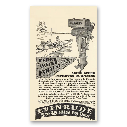 1929 Evinrude Under Water Exhaust Vintage Magazine Print Ad