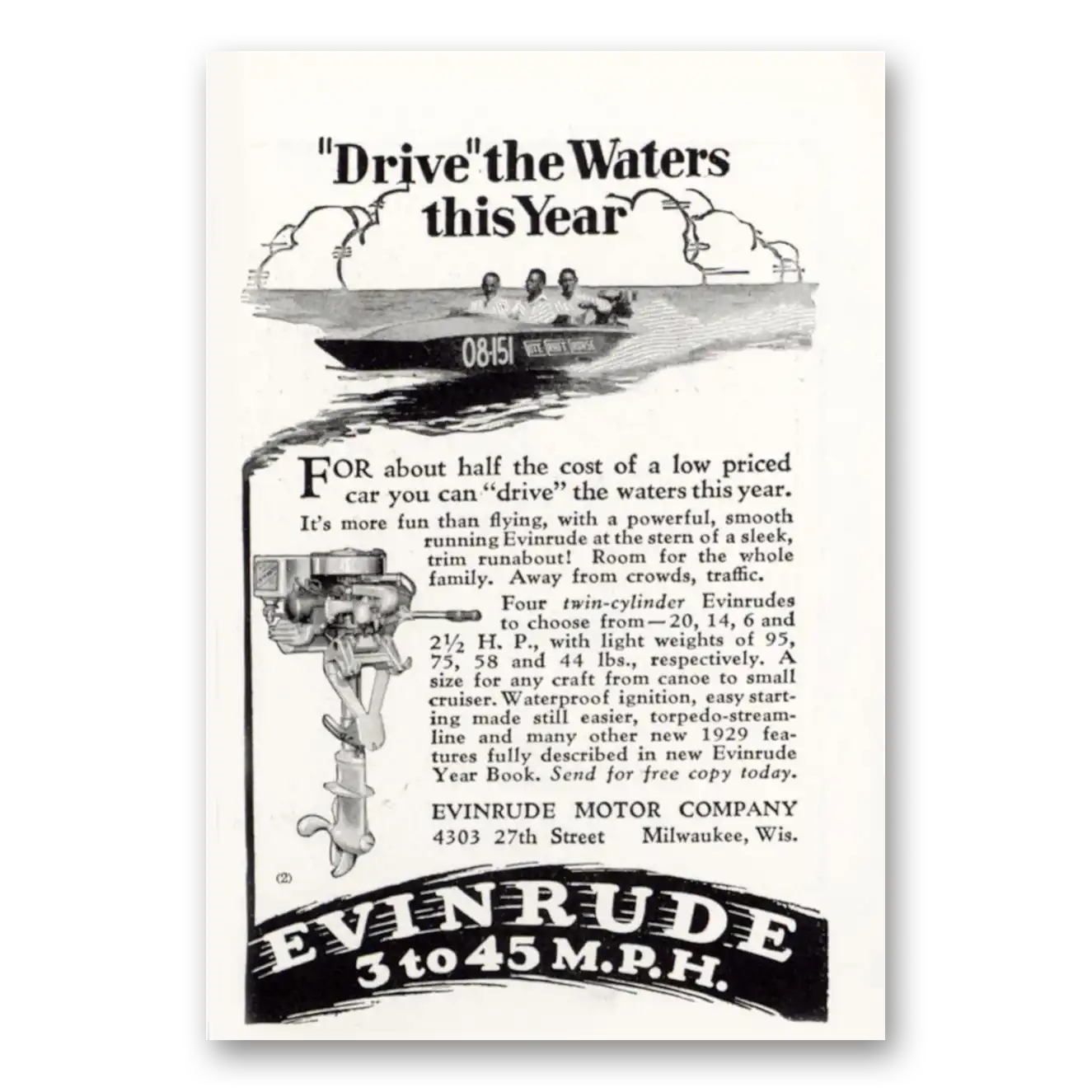 1929 Evinrude Drive the Waters This Year Vintage Magazine Print Ad