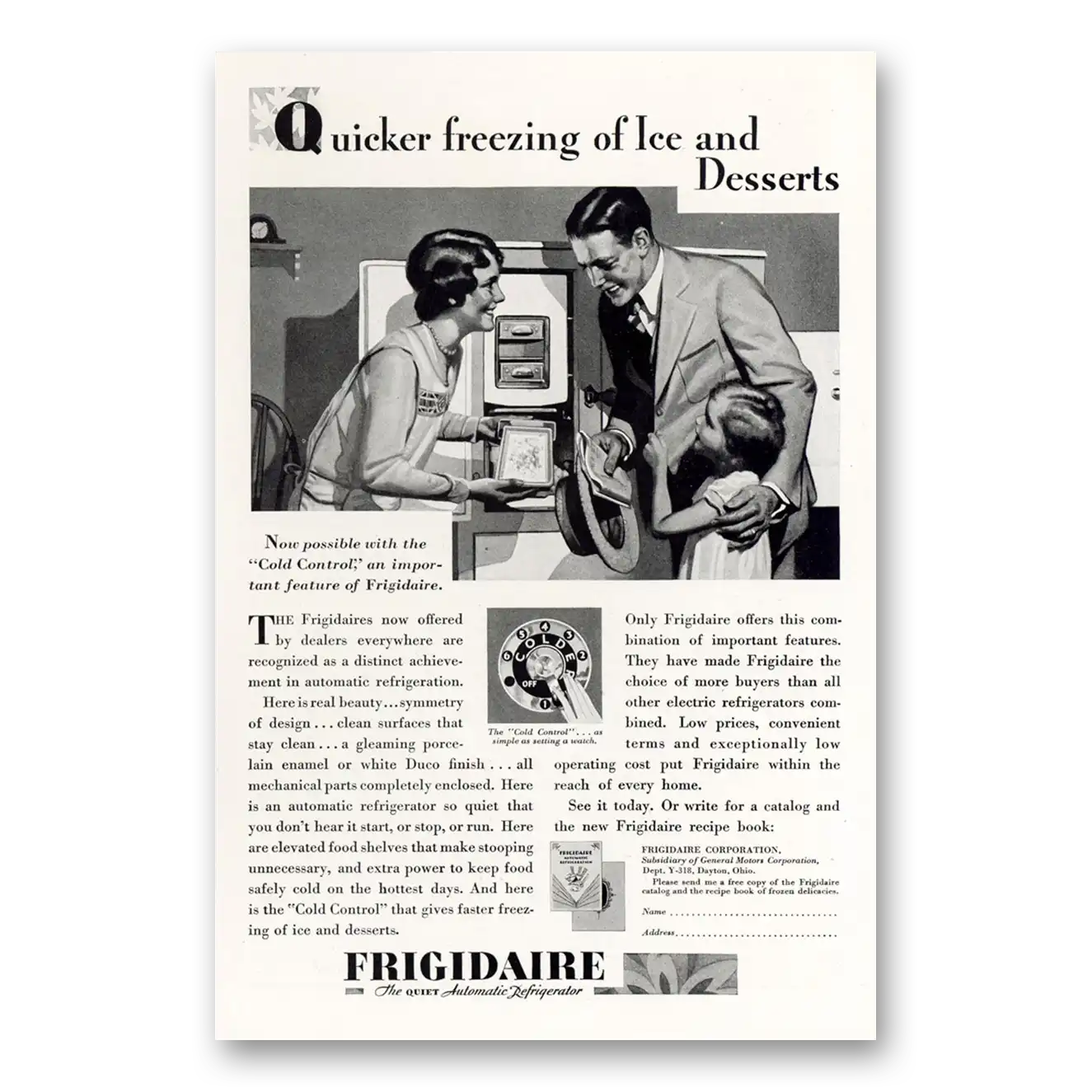 1929 Frigidaire Refrigerator Quicker Freezing of Ice and Desserts Vintage Magazine Print Ad