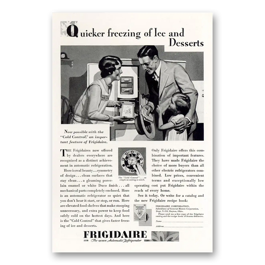 1929 Frigidaire Refrigerator Quicker Freezing of Ice and Desserts Vintage Magazine Print Ad