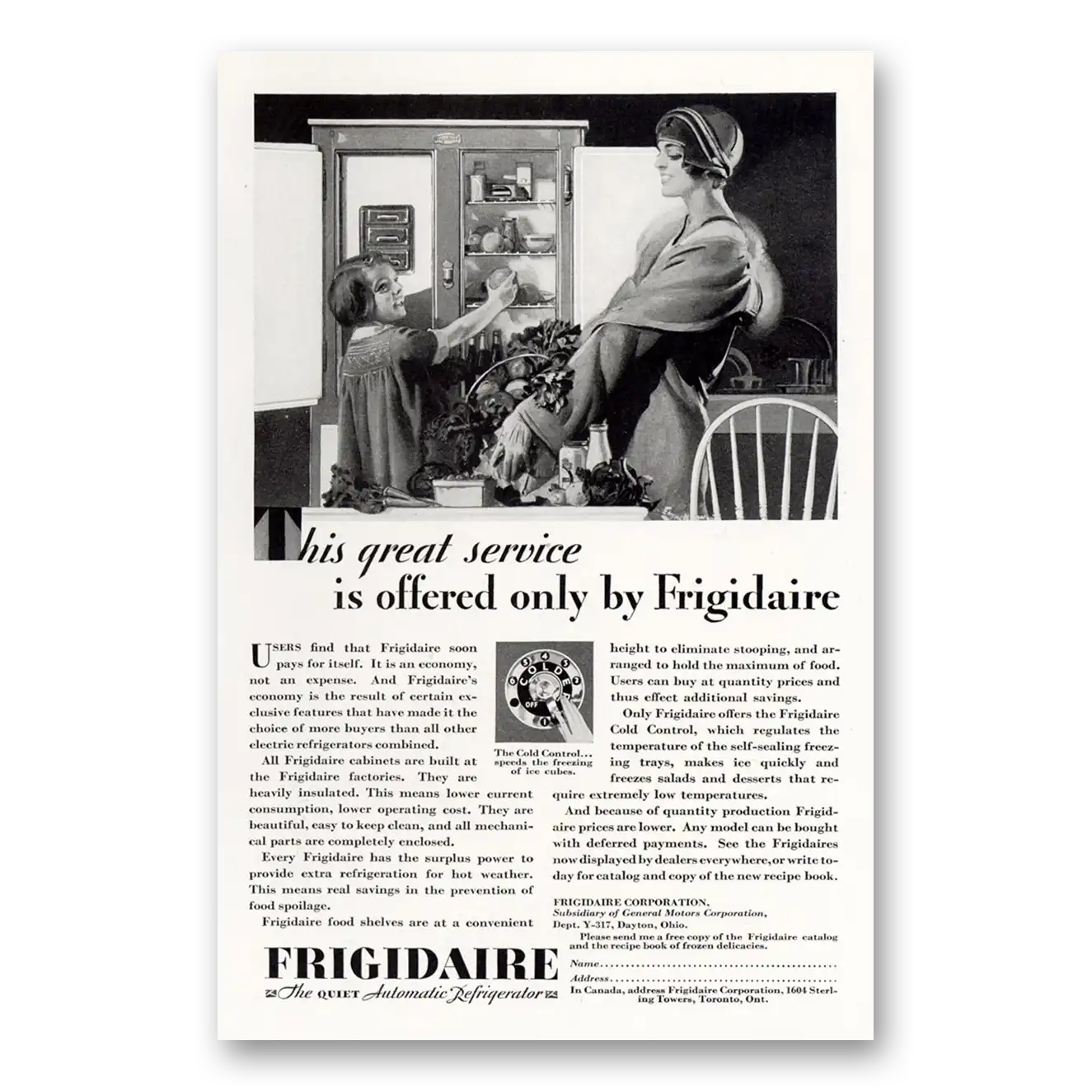 1929 Frigidaire Refrigerator Great Service Is Offered Vintage Magazine Print Ad