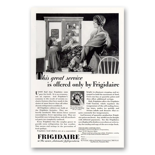 1929 Frigidaire Refrigerator Great Service Is Offered Vintage Magazine Print Ad