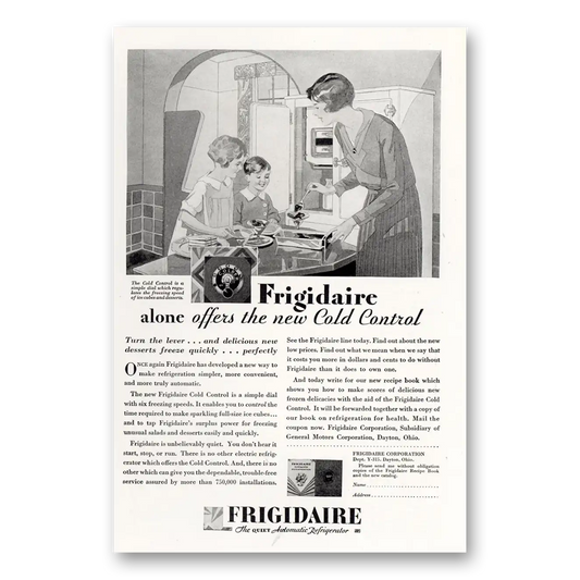 1929 Frigidaire Refrigerator Offers the New Cold Control Vintage Magazine Print Ad