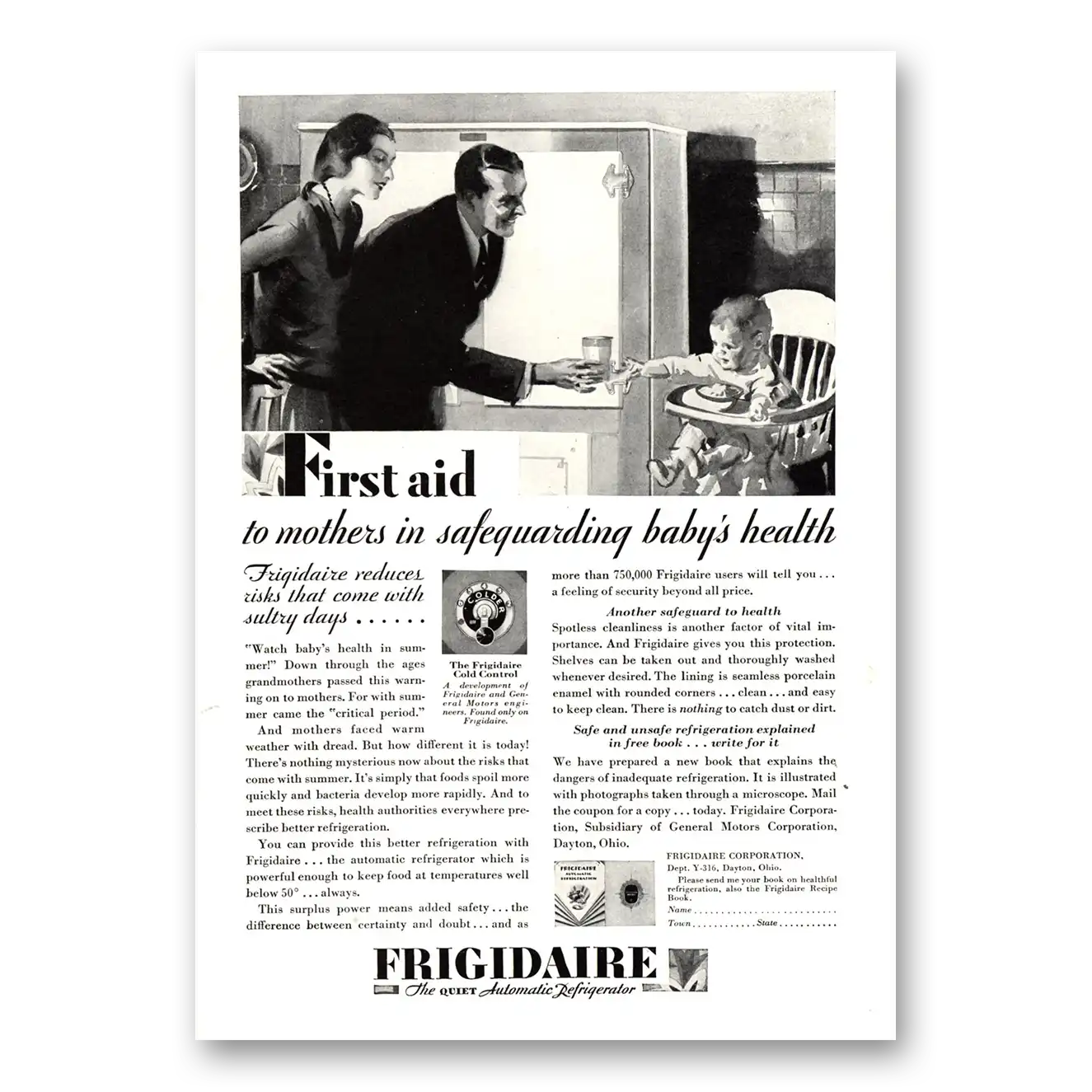 1929 Frigidaire Refrigerator First Aid to Mothers Safeguarding Vintage Magazine Print Ad