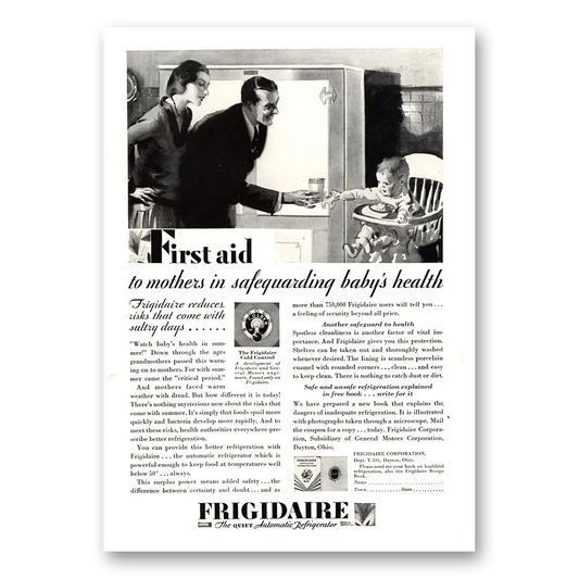 1929 Frigidaire Refrigerator First Aid to Mothers Safeguarding Vintage Magazine Print Ad