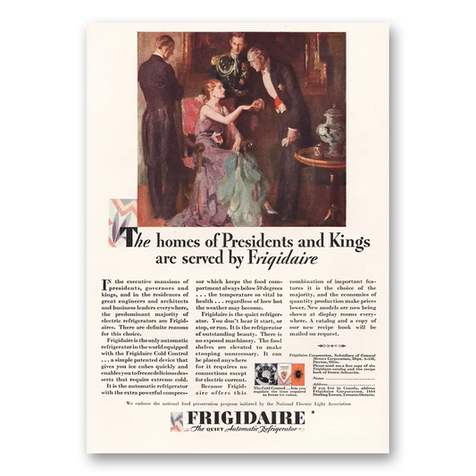 1929 Frigidaire Refrigerator Homes of Presidents and Kings Vintage Magazine Print Ad