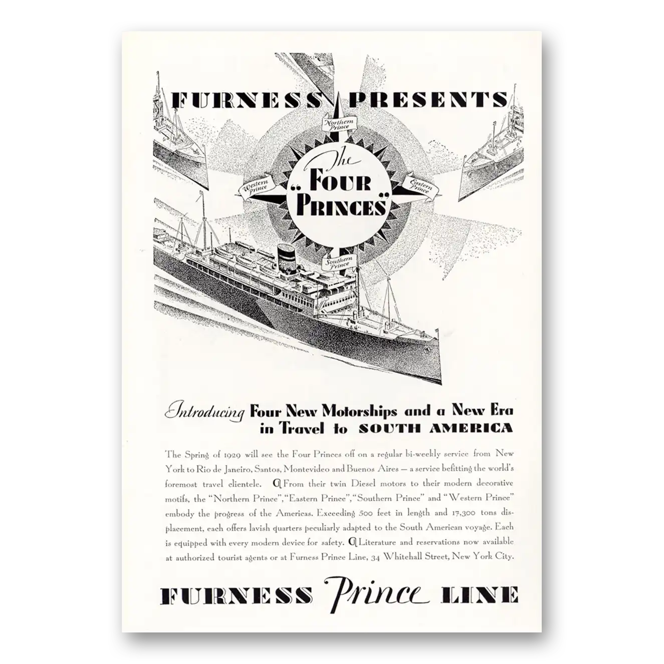 1929 Furness Prince Line Four Princes Vintage Magazine Print Ad