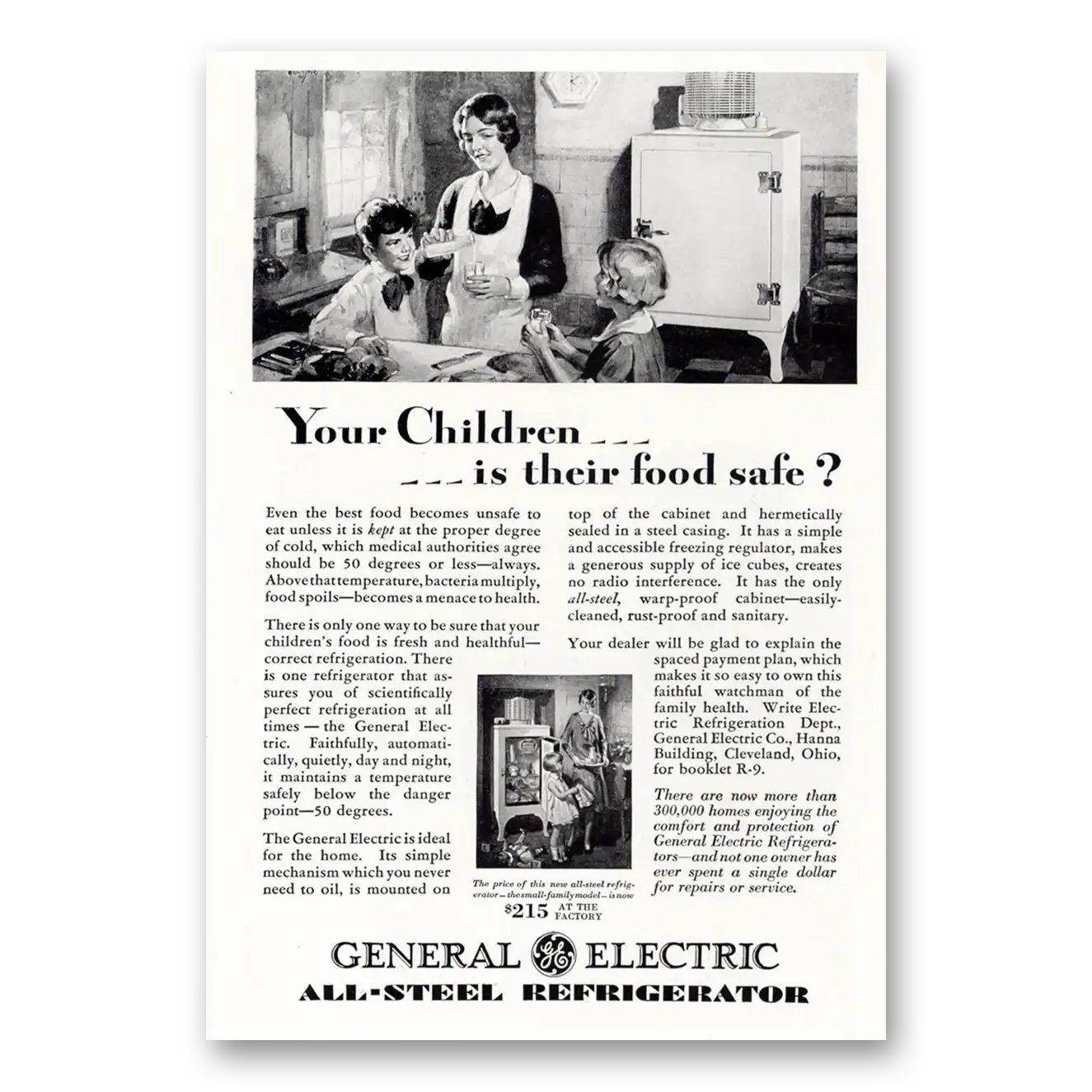 1929 General Electric Refrigerator Children Is Their Food Safe Vintage Magazine Print Ad