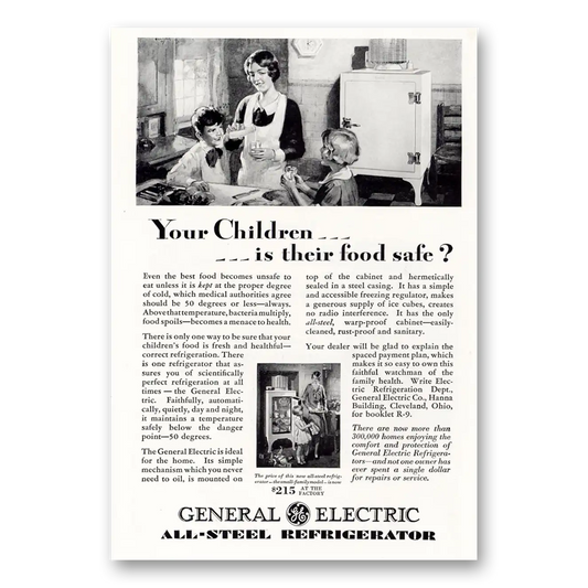 1929 General Electric Refrigerator Children Is Their Food Safe Vintage Magazine Print Ad