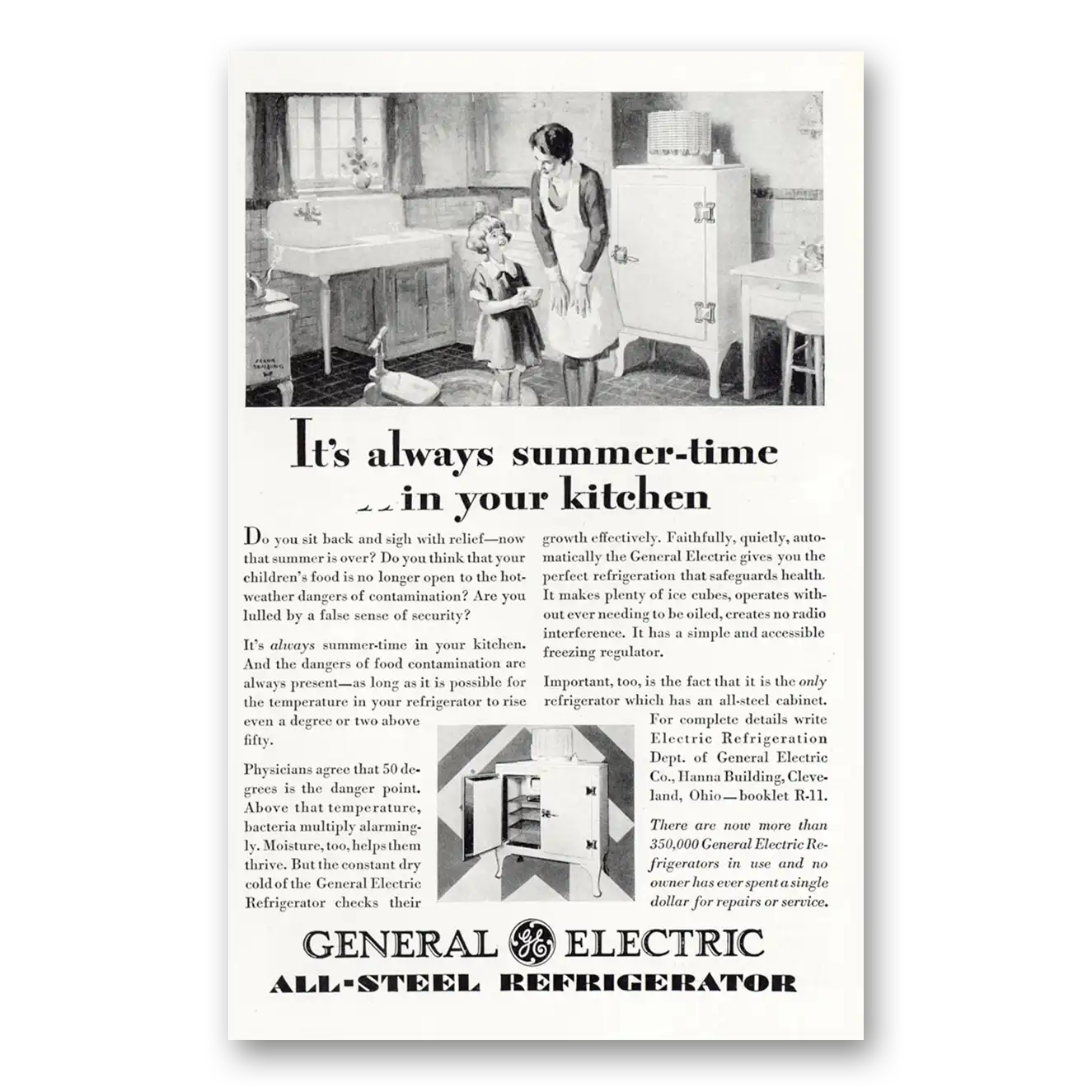 1929 General Electric Refrigerator Always Summer Time In Your Kitchen Vintage Magazine Print Ad