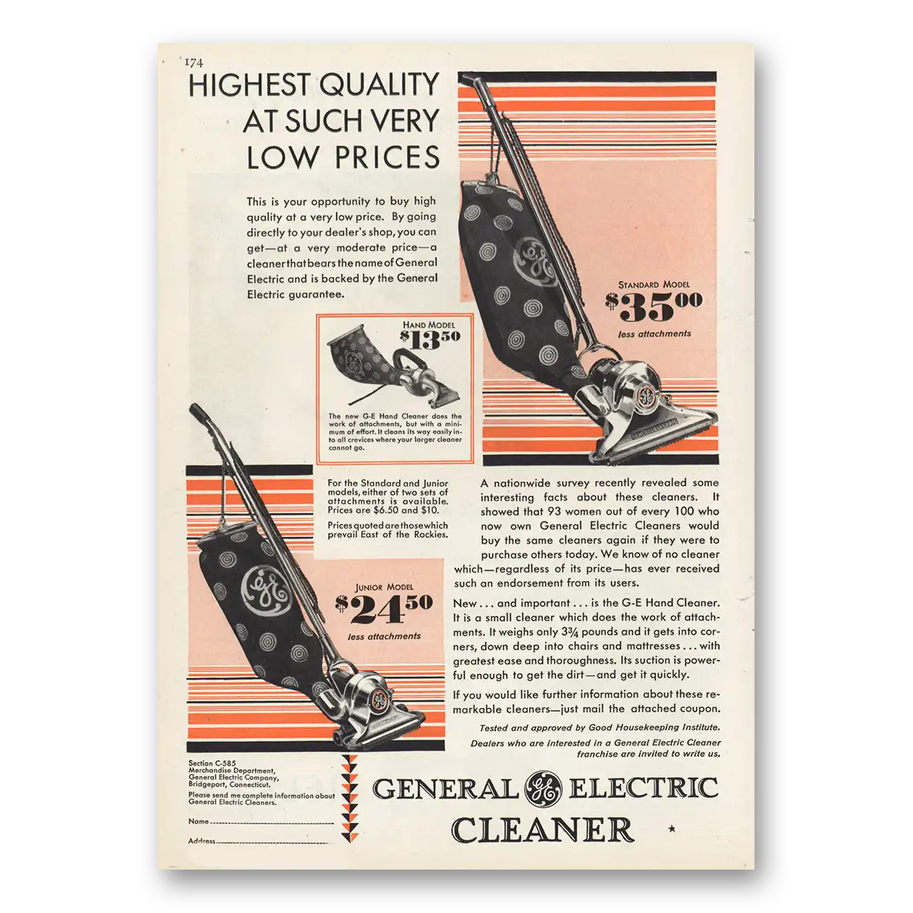 1929 General Electric Vacuum Cleaner Highest Quality Vintage Magazine Print Ad